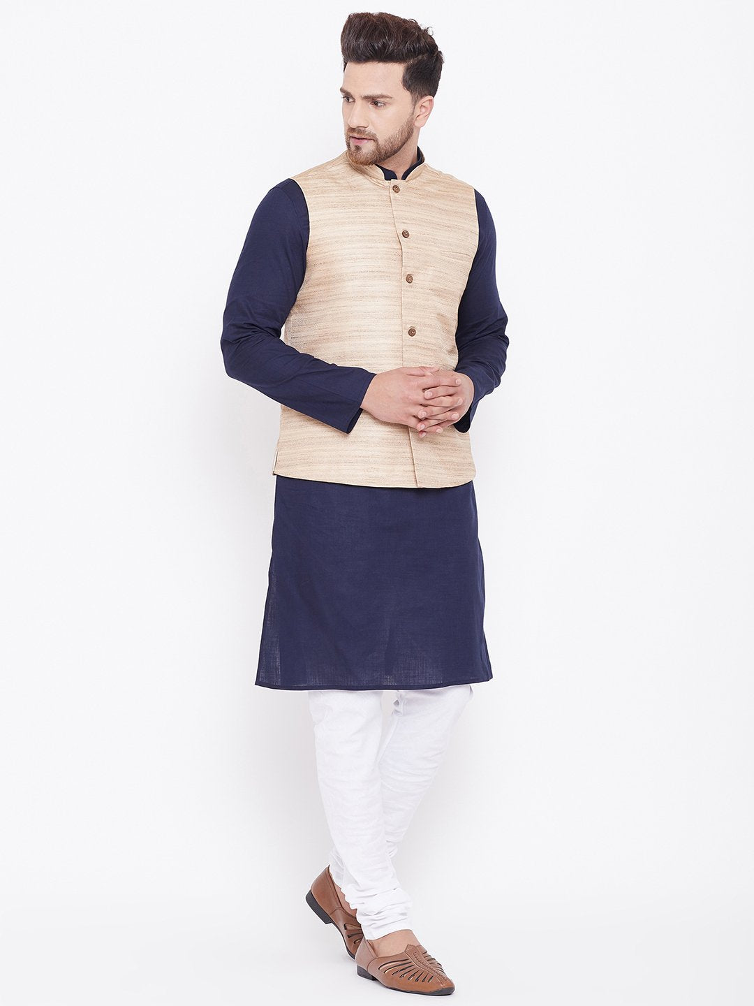 Men's Beige, Navy Blue And White Cotton Blend Jacket, Kurta and Pyjama Set