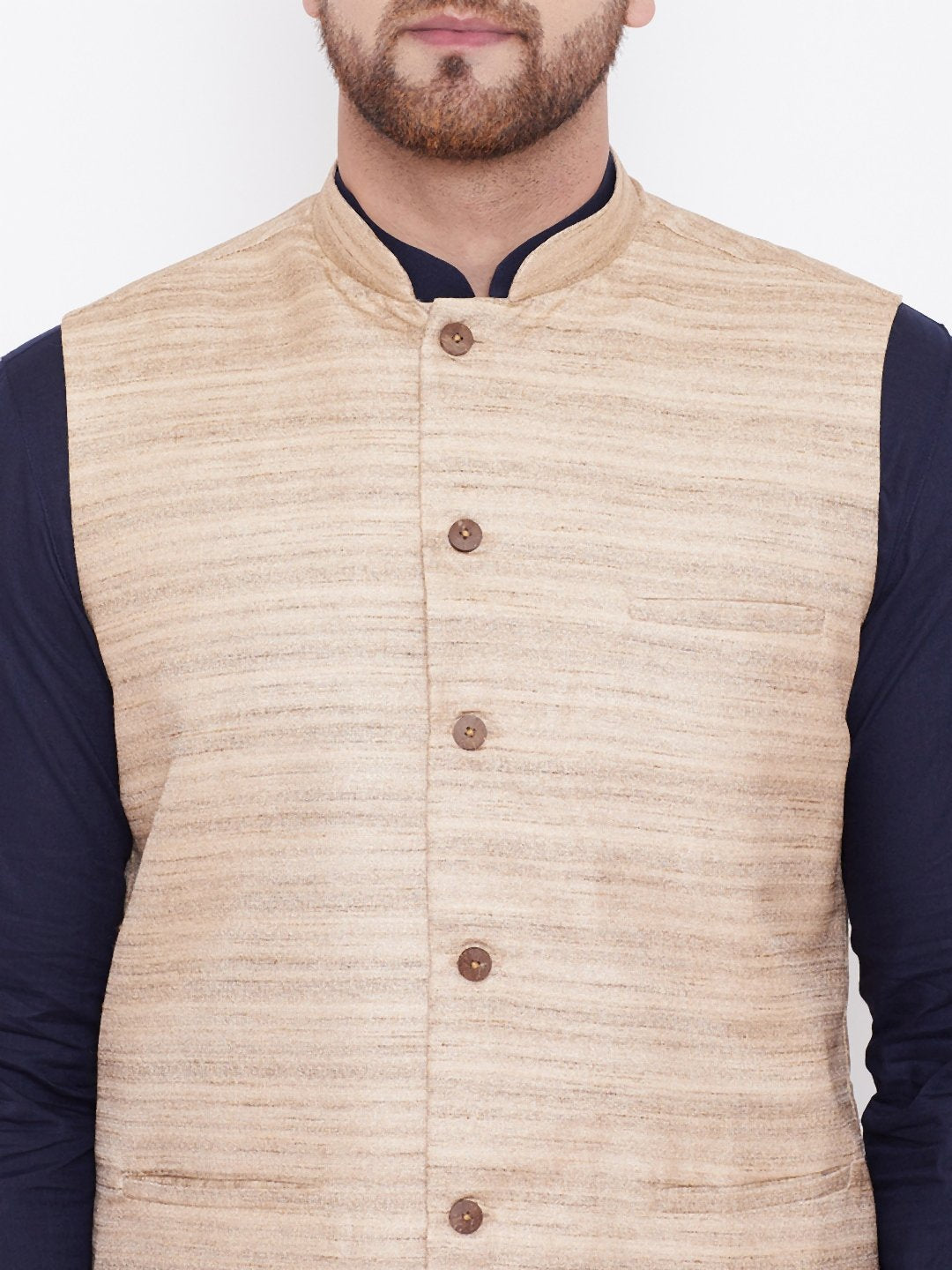 Men's Beige, Navy Blue And White Cotton Blend Jacket, Kurta and Pyjama Set