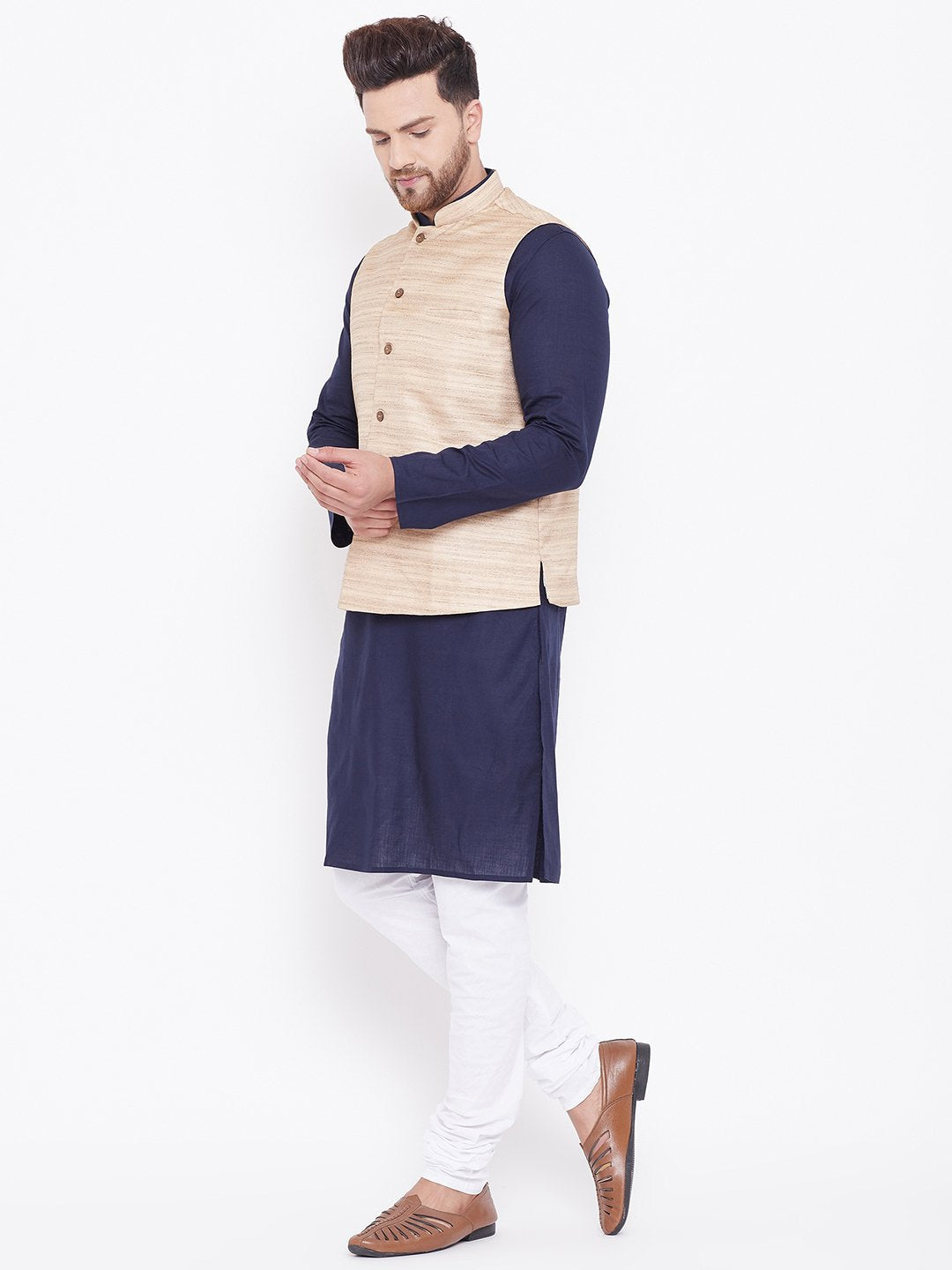 Men's Beige, Navy Blue And White Cotton Blend Jacket, Kurta and Pyjama Set