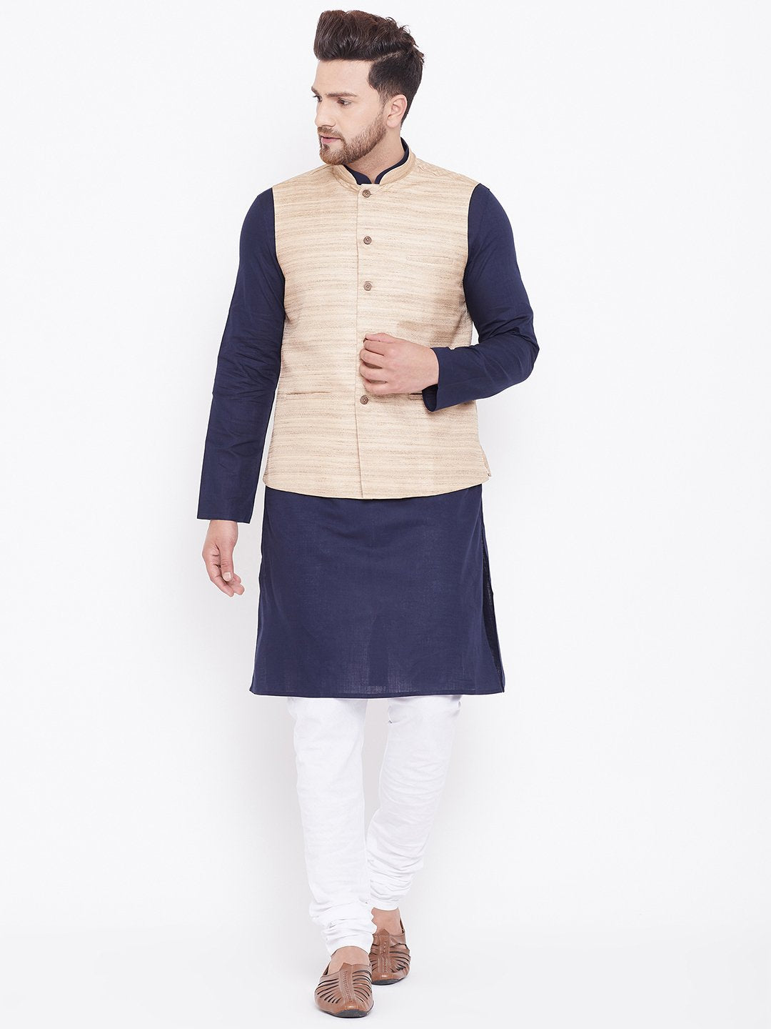 Men's Beige, Navy Blue And White Cotton Blend Jacket, Kurta and Pyjama Set