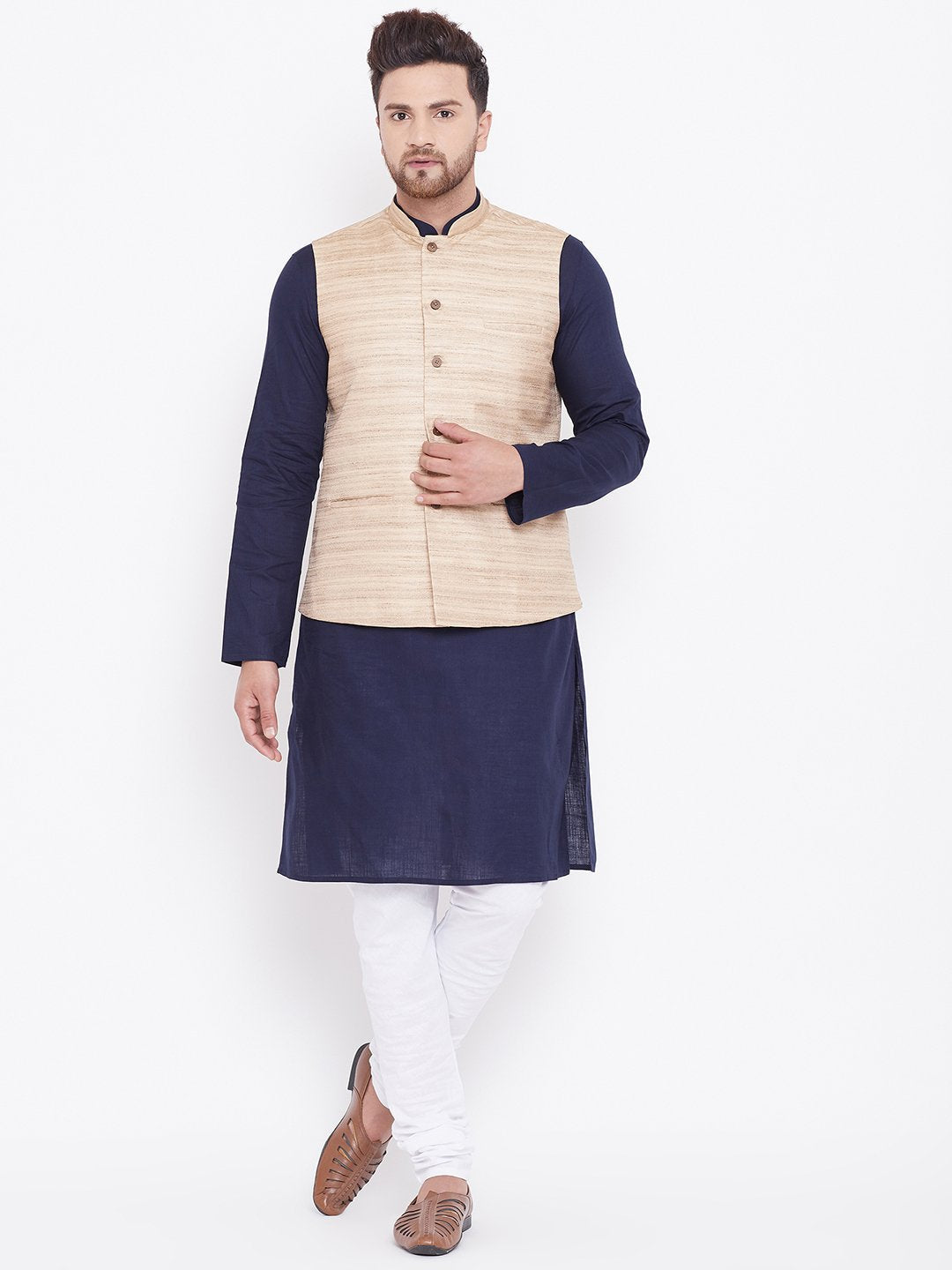 Men's Beige, Navy Blue And White Cotton Blend Jacket, Kurta and Pyjama Set