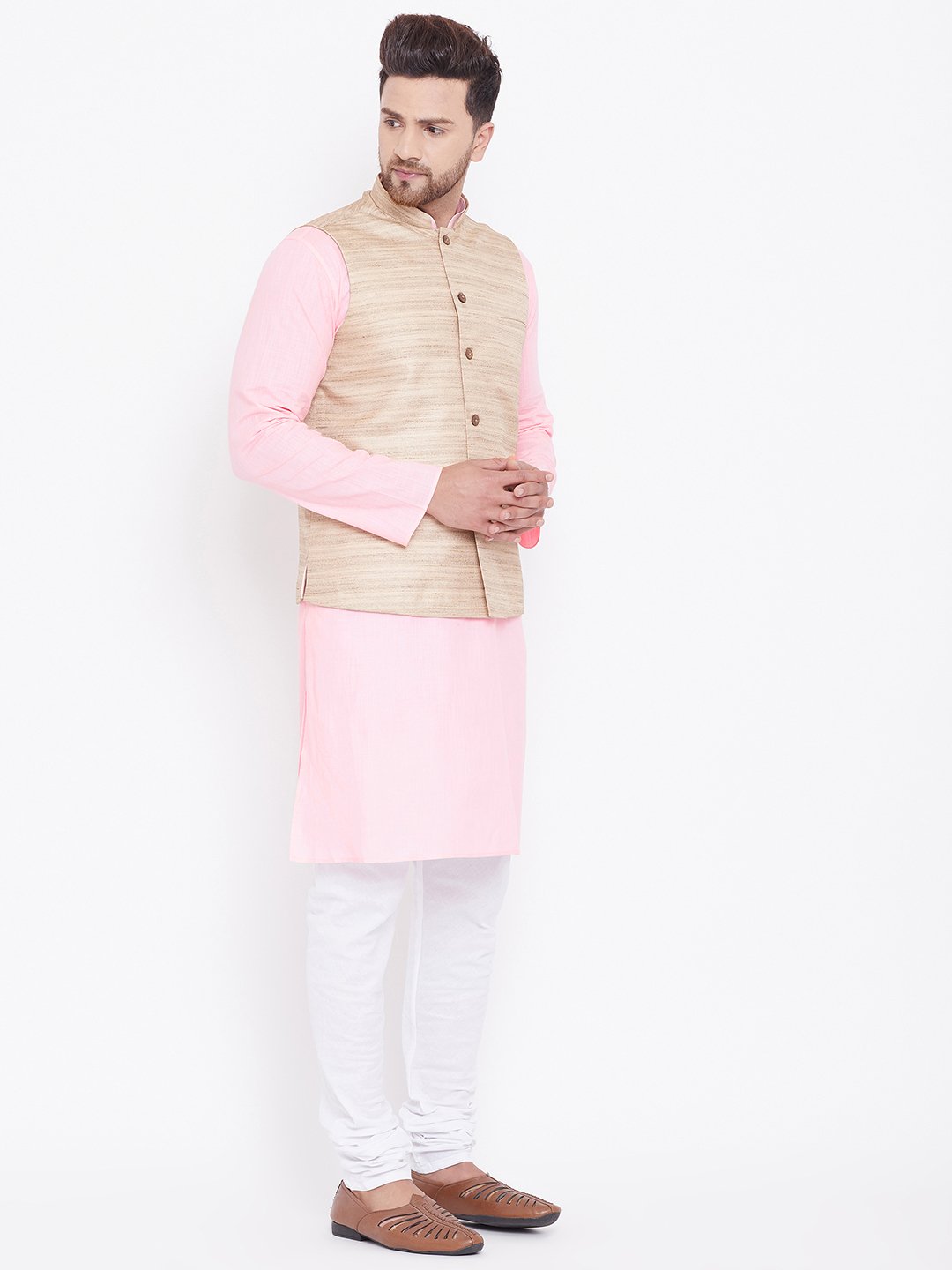 Men's Beige, Pink And White Cotton Blend Jacket, Kurta and Pyjama Set