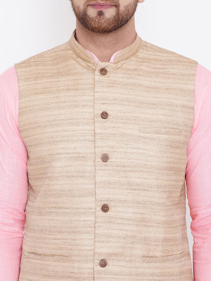 Men's Beige, Pink And White Cotton Blend Jacket, Kurta and Pyjama Set