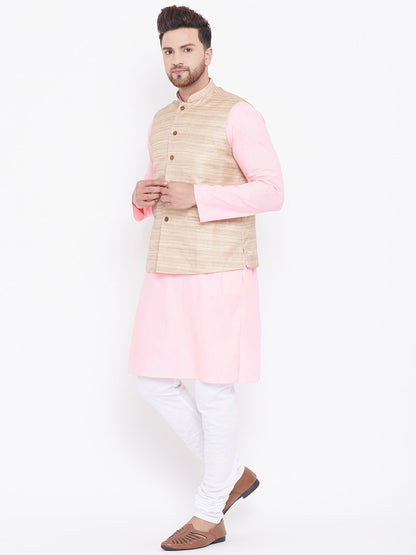 Men's Beige, Pink And White Cotton Blend Jacket, Kurta and Pyjama Set