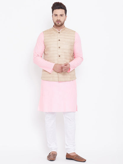 Men's Beige, Pink And White Cotton Blend Jacket, Kurta and Pyjama Set