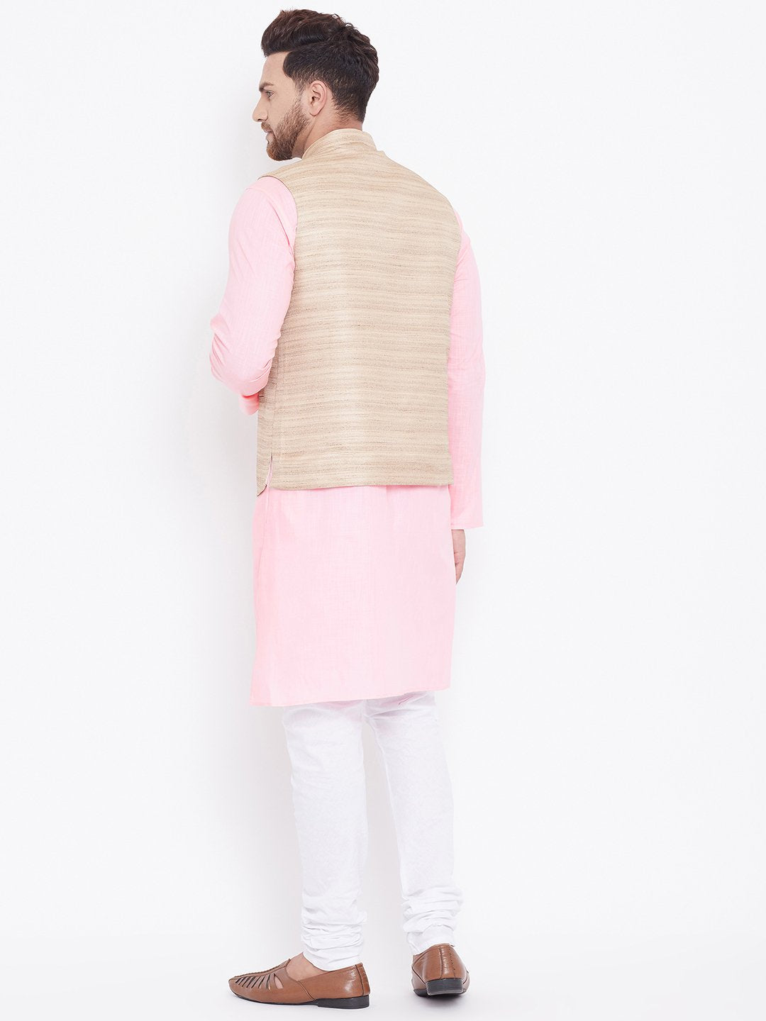 Men's Beige, Pink And White Cotton Blend Jacket, Kurta and Pyjama Set