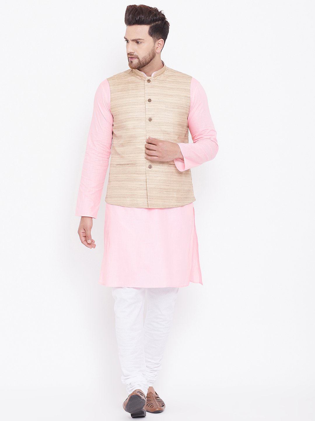 Men's Beige, Pink And White Cotton Blend Jacket, Kurta and Pyjama Set