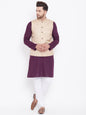 Men's Beige, Purple And White Cotton Blend Jacket, Kurta and Pyjama Set