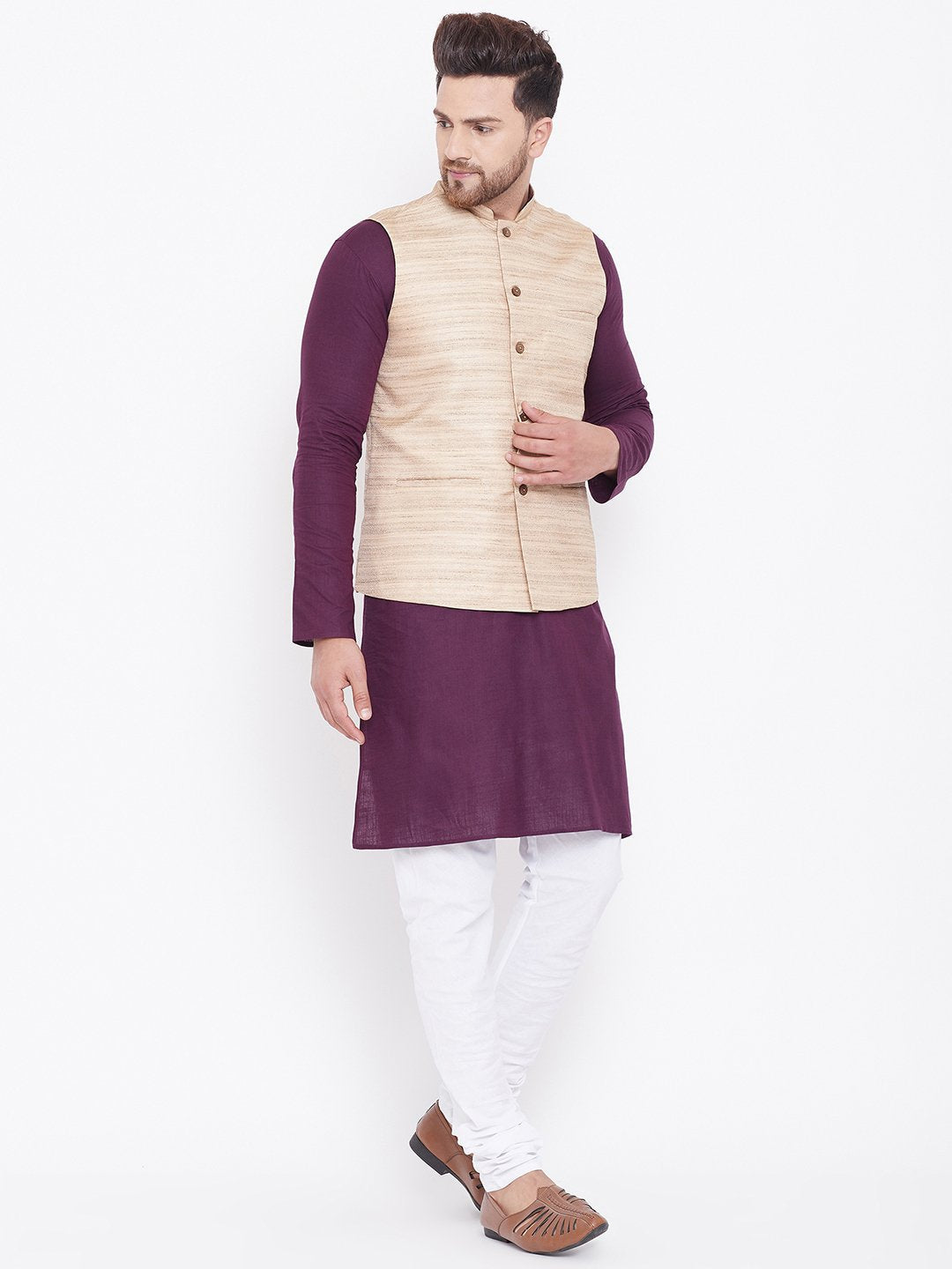 Men's Beige, Purple And White Cotton Blend Jacket, Kurta and Pyjama Set