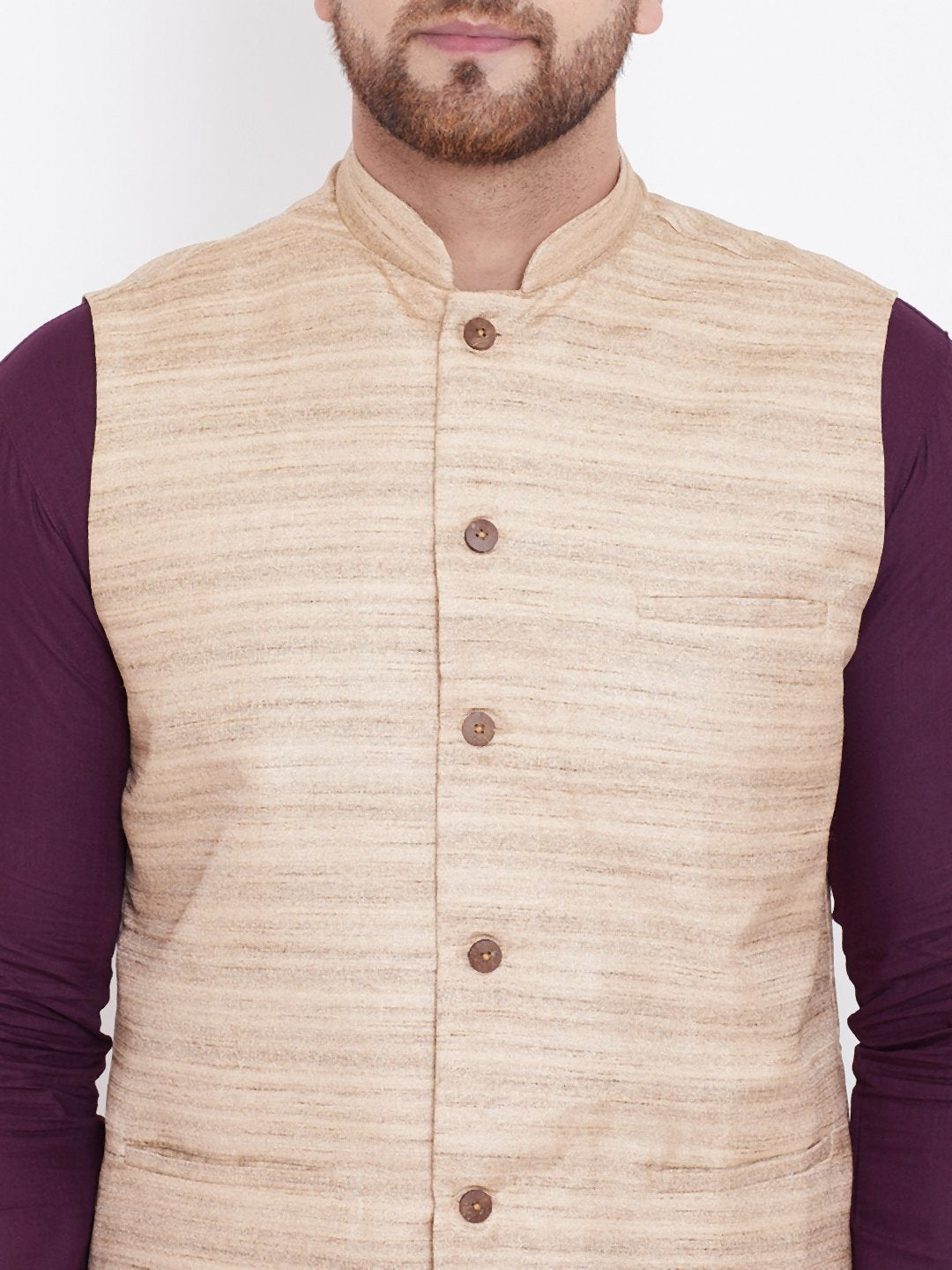 Men's Beige, Purple And White Cotton Blend Jacket, Kurta and Pyjama Set