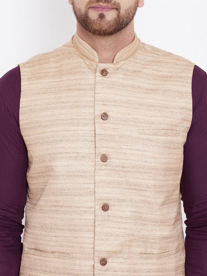 Men's Beige, Purple And White Cotton Blend Jacket, Kurta and Pyjama Set