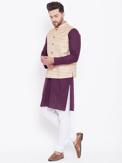 Men's Beige, Purple And White Cotton Blend Jacket, Kurta and Pyjama Set