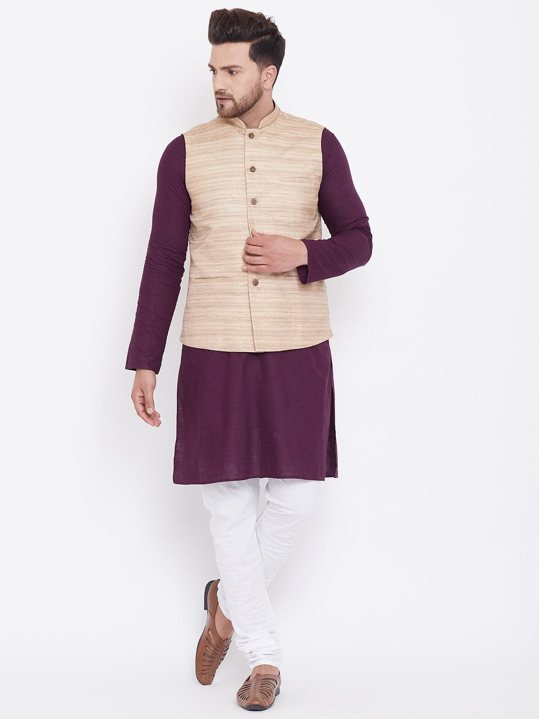 Men's Beige, Purple And White Cotton Blend Jacket, Kurta and Pyjama Set