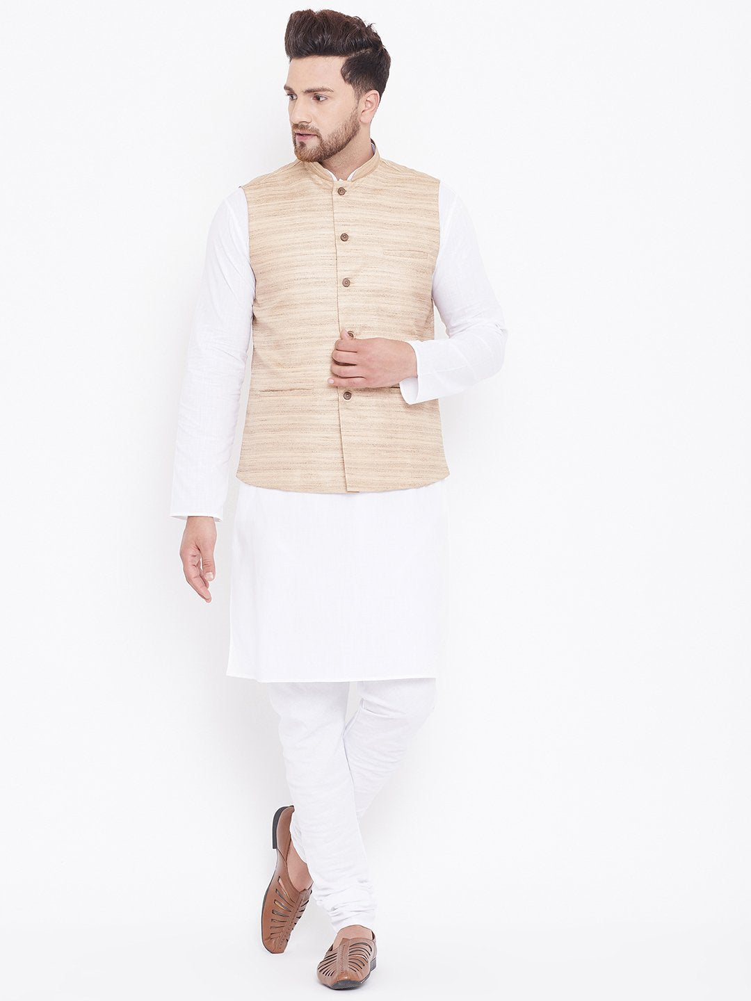 Men's Beige And White Cotton Blend Jacket, Kurta and Pyjama Set