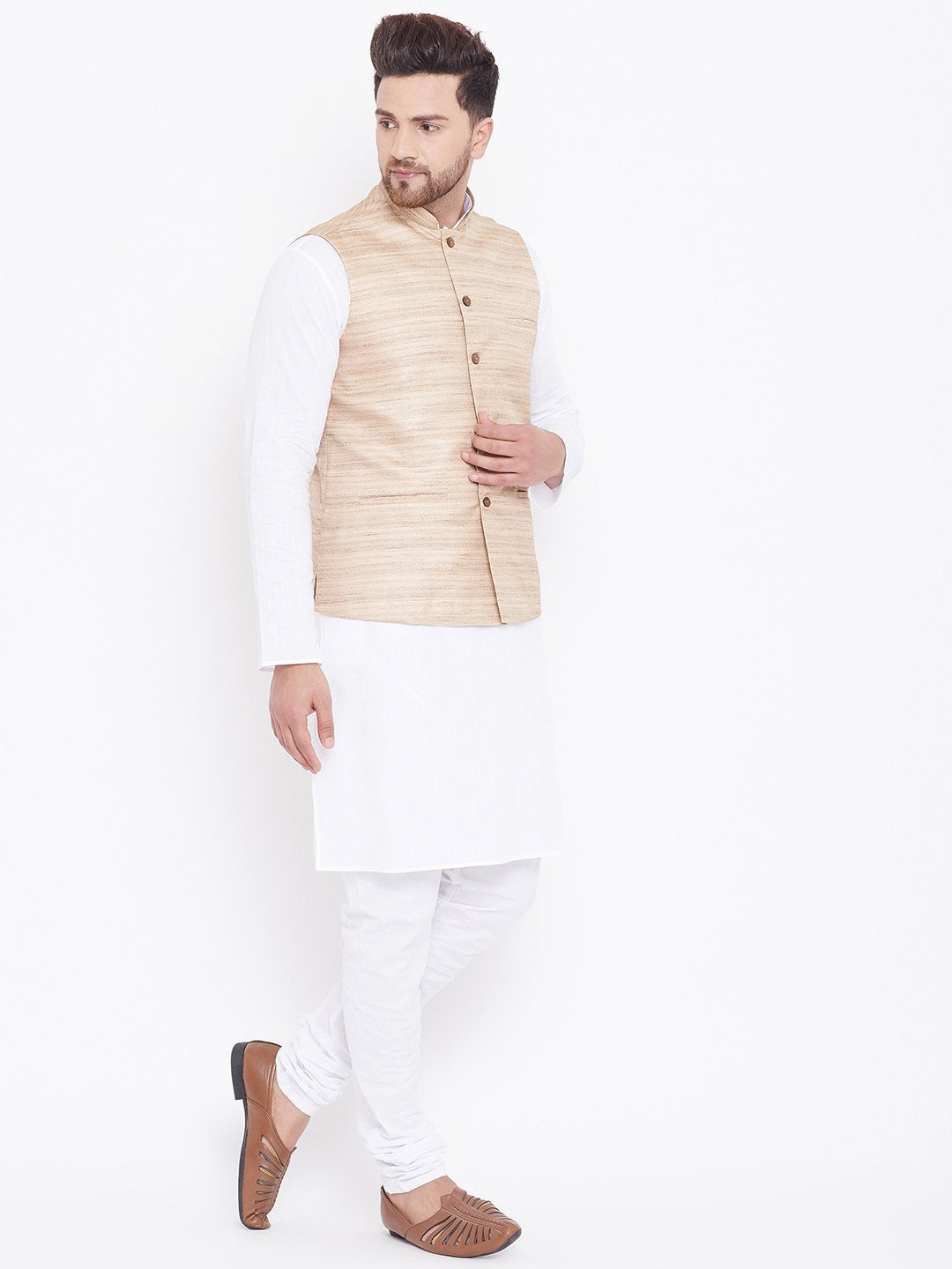 Men's Beige And White Cotton Blend Jacket, Kurta and Pyjama Set