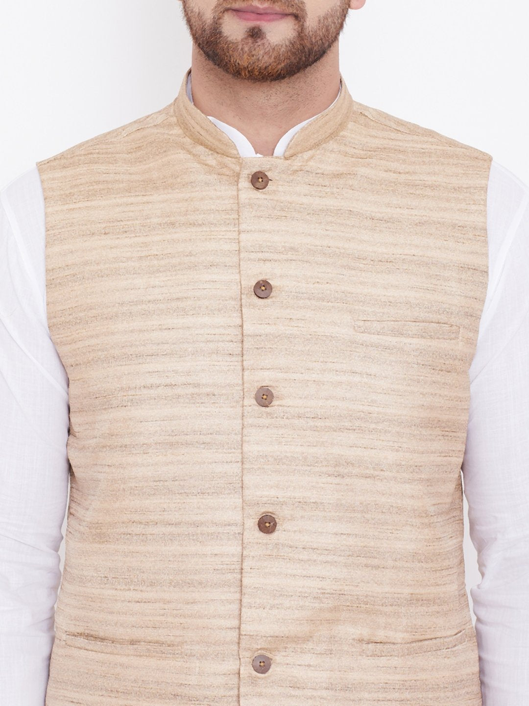 Men's Beige And White Cotton Blend Jacket, Kurta and Pyjama Set