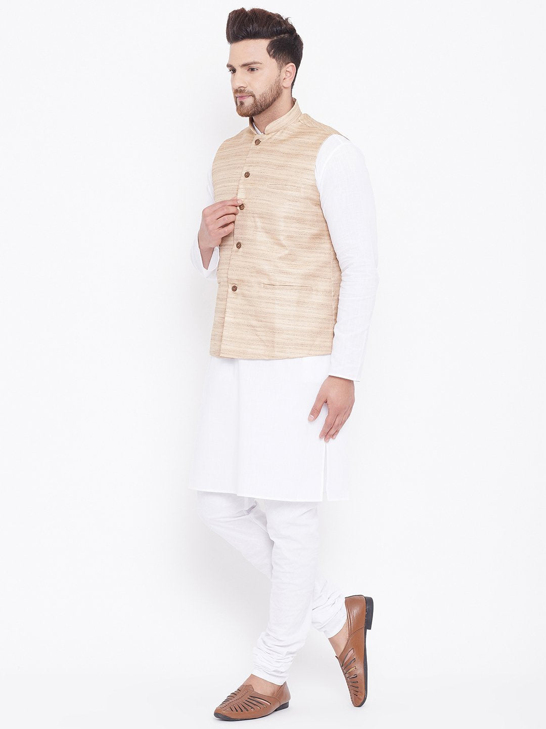 Men's Beige And White Cotton Blend Jacket, Kurta and Pyjama Set