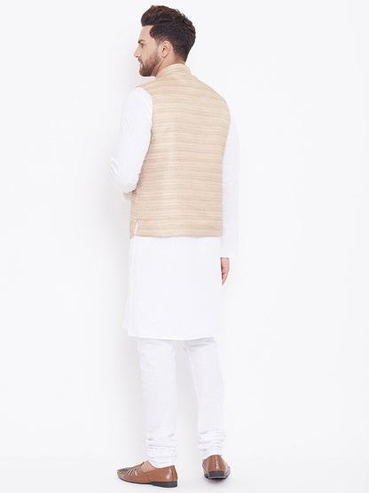 Men's Beige And White Cotton Blend Jacket, Kurta and Pyjama Set