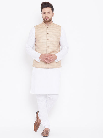 Men's Beige And White Cotton Blend Jacket, Kurta and Pyjama Set