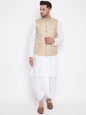 Men's Beige And White Cotton Blend Jacket, Kurta and Dhoti Set