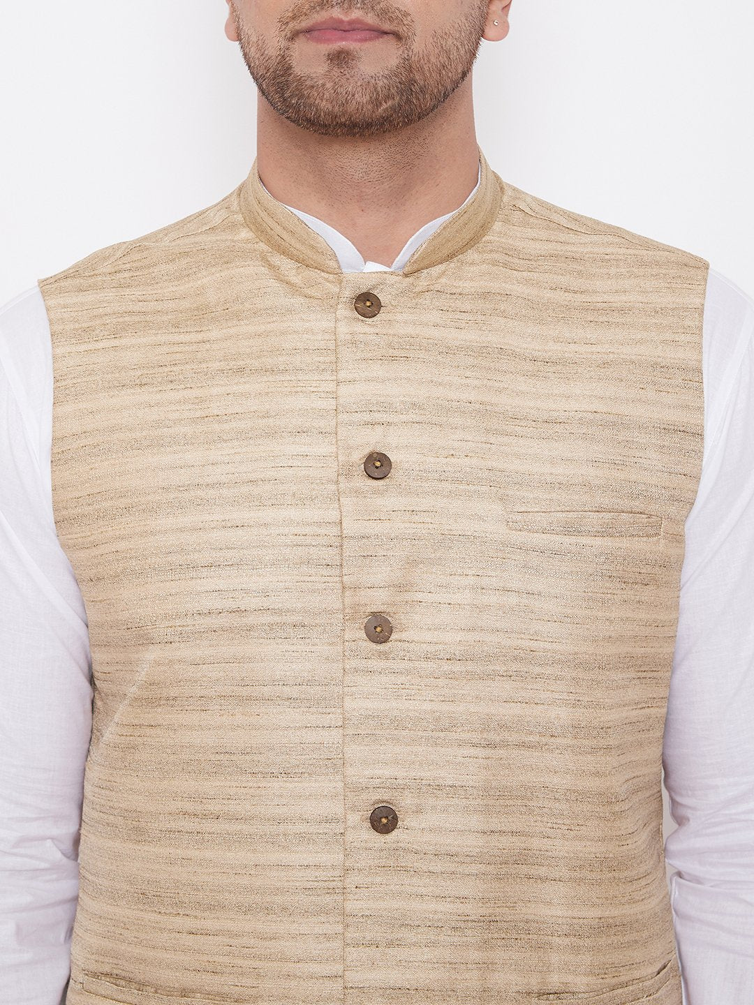 Men's Beige And White Cotton Blend Jacket, Kurta and Dhoti Set