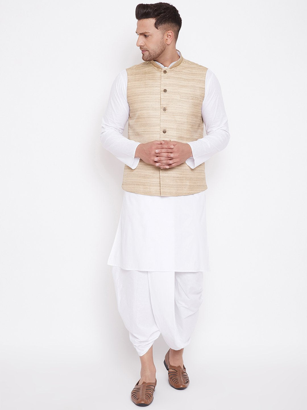 Men's Beige And White Cotton Blend Jacket, Kurta and Dhoti Set