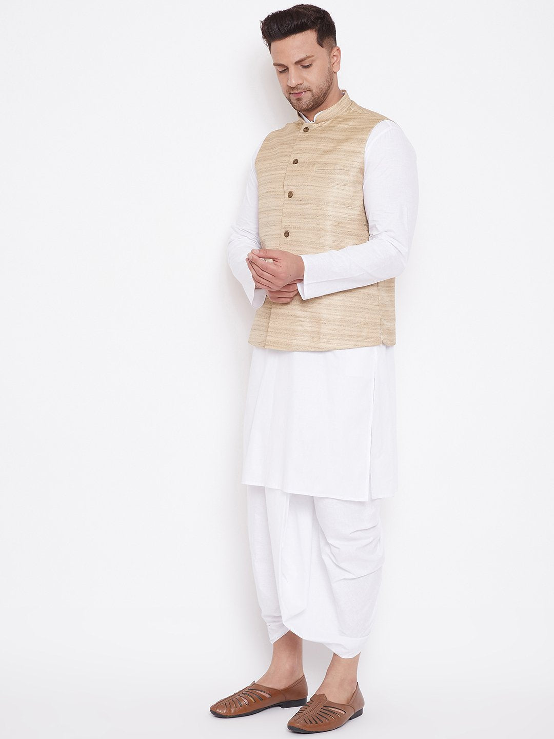 Men's Beige And White Cotton Blend Jacket, Kurta and Dhoti Set