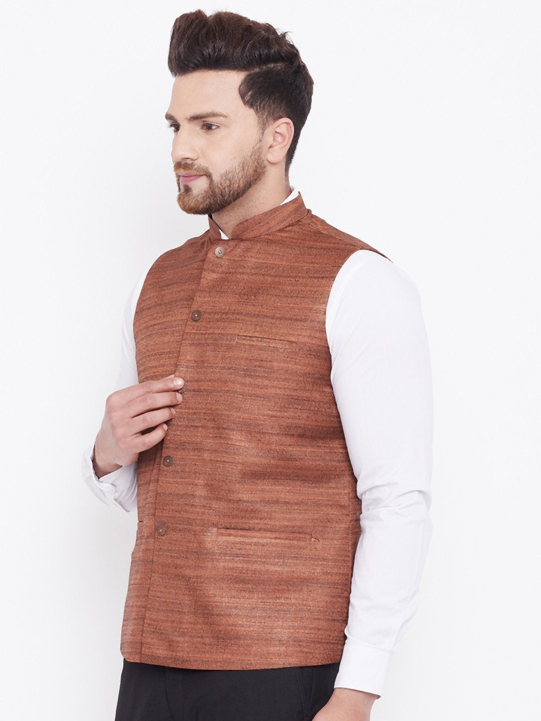 Men's Coffee Brown Silk Blend Nehru Jacket