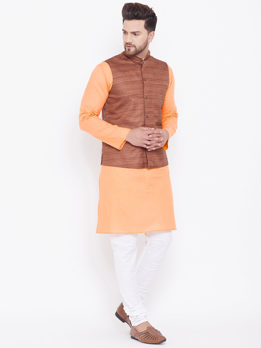 Men's Coffee Brown, Fawn And White Cotton Blend Jacket, Kurta and Pyjama Set