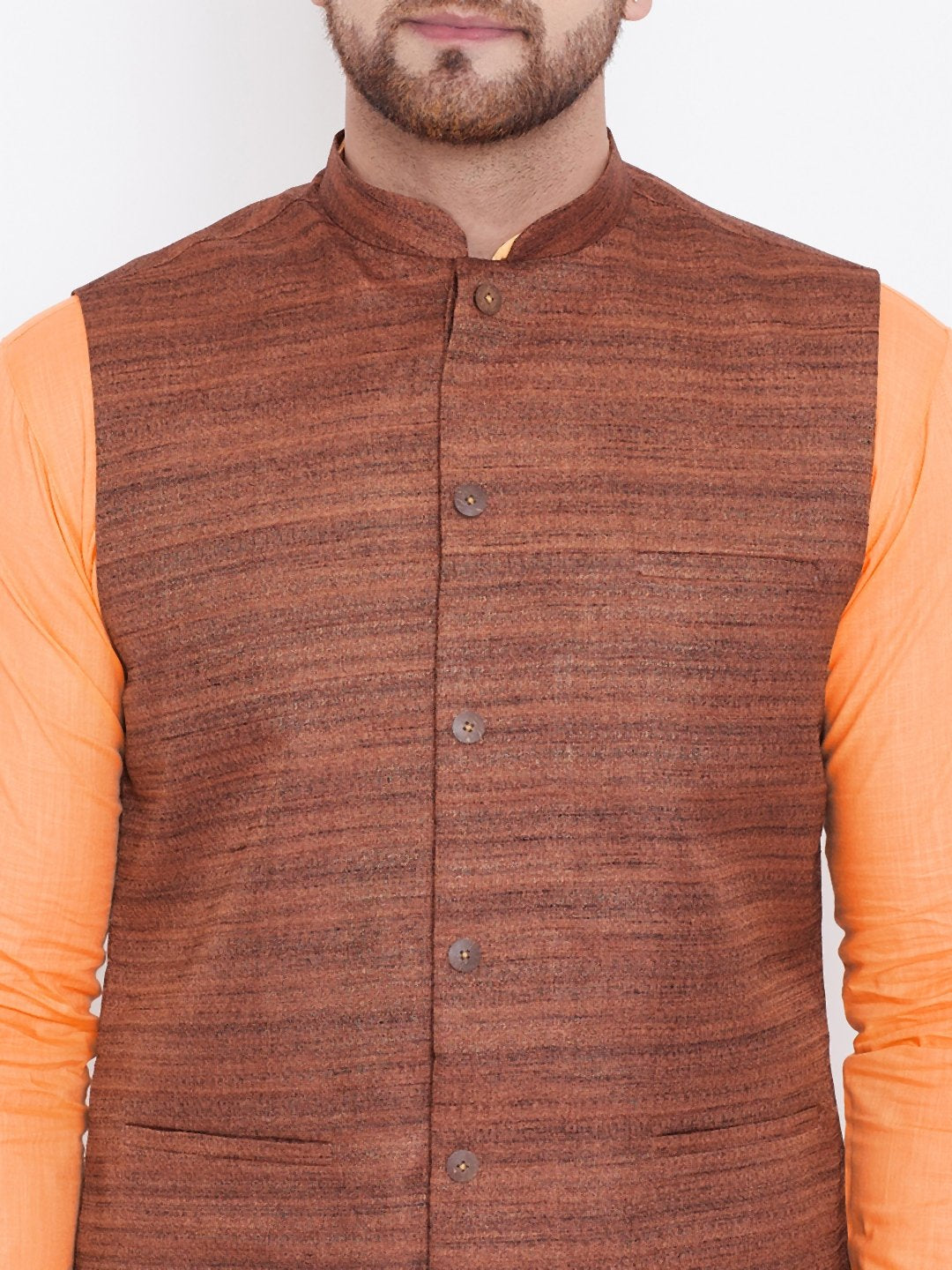 Men's Coffee Brown, Fawn And White Cotton Blend Jacket, Kurta and Pyjama Set