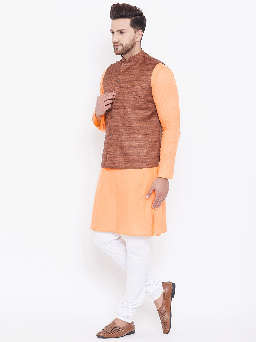 Men's Coffee Brown, Fawn And White Cotton Blend Jacket, Kurta and Pyjama Set