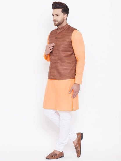 Men's Coffee Brown, Fawn And White Cotton Blend Jacket, Kurta and Pyjama Set