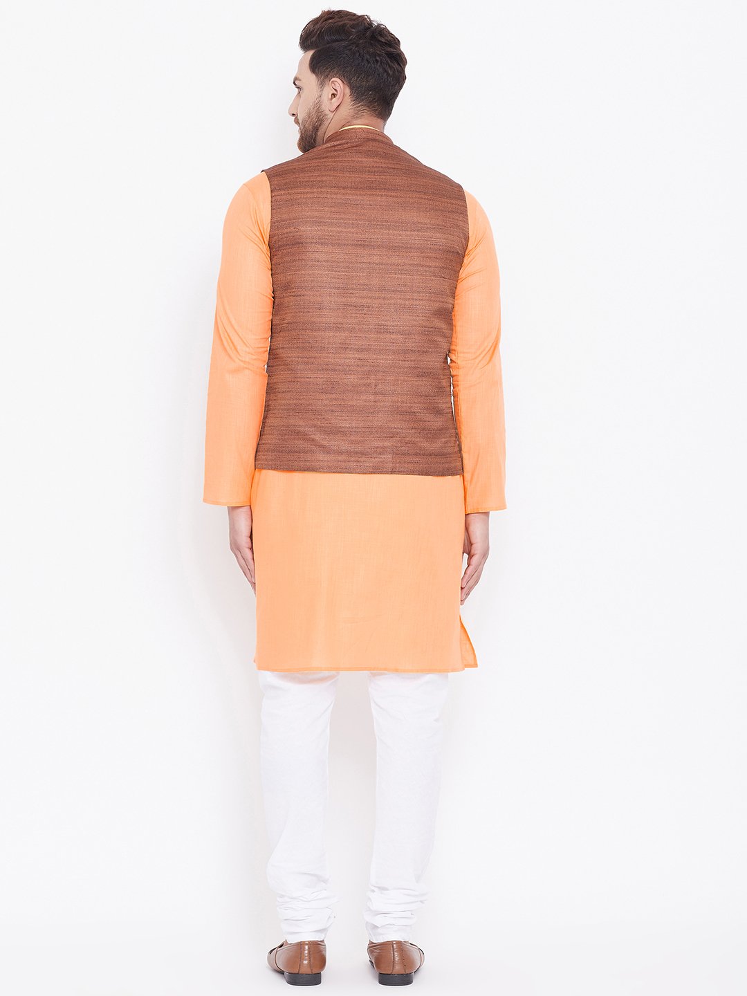 Men's Coffee Brown, Fawn And White Cotton Blend Jacket, Kurta and Pyjama Set