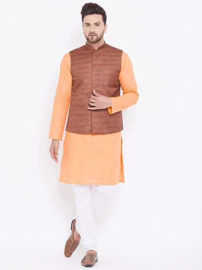 Men's Coffee Brown, Fawn And White Cotton Blend Jacket, Kurta and Pyjama Set