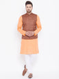 Men's Coffee Brown, Fawn And White Cotton Blend Jacket, Kurta and Pyjama Set