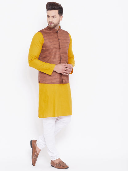 Men's Coffee Brown, Mustard And White Cotton Blend Jacket, Kurta and Pyjama Set