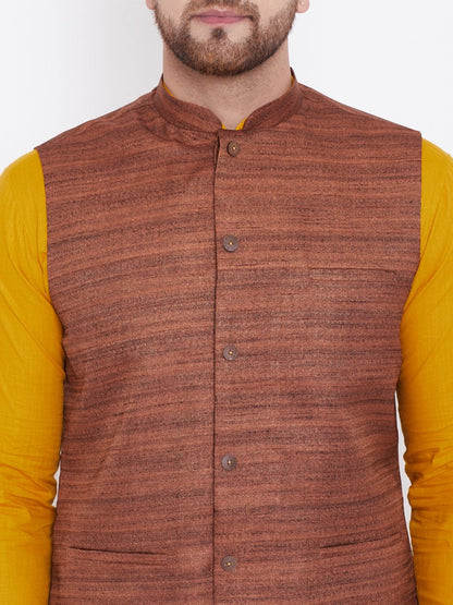 Men's Coffee Brown, Mustard And White Cotton Blend Jacket, Kurta and Pyjama Set