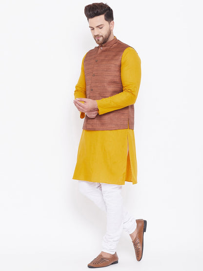 Men's Coffee Brown, Mustard And White Cotton Blend Jacket, Kurta and Pyjama Set