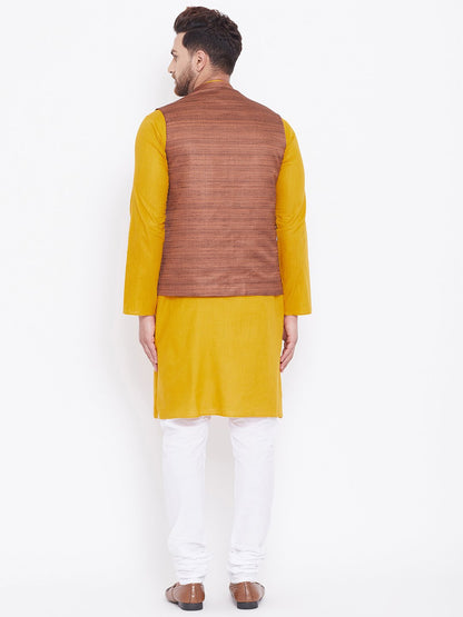 Men's Coffee Brown, Mustard And White Cotton Blend Jacket, Kurta and Pyjama Set