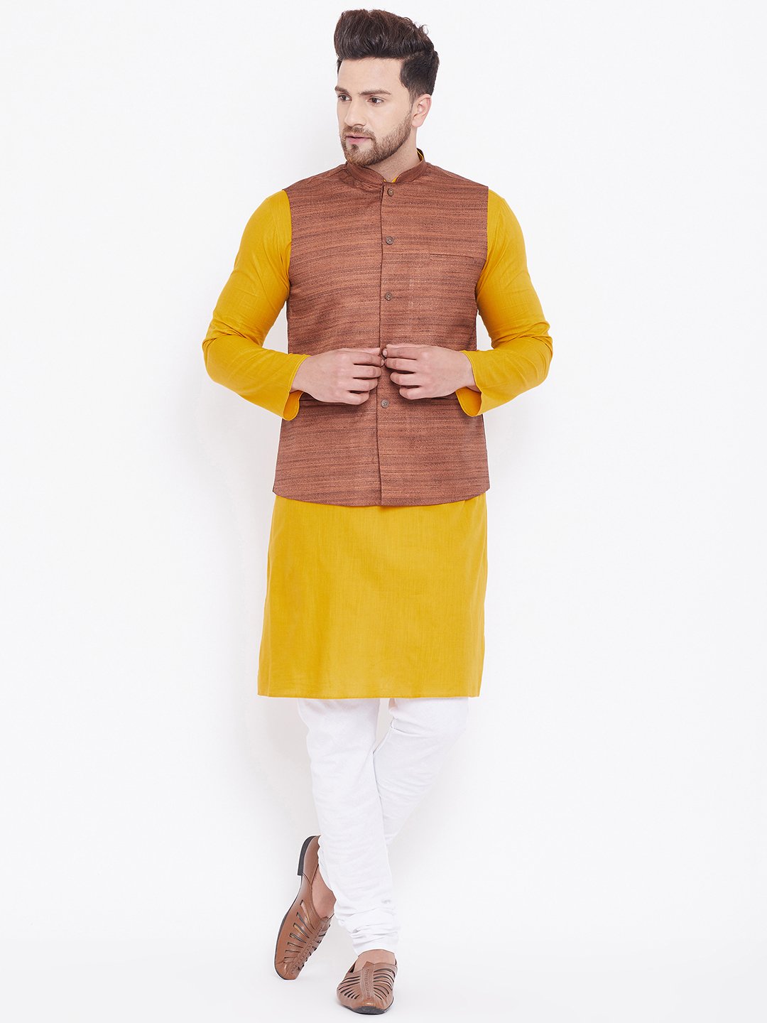 Men's Coffee Brown, Mustard And White Cotton Blend Jacket, Kurta and Pyjama Set