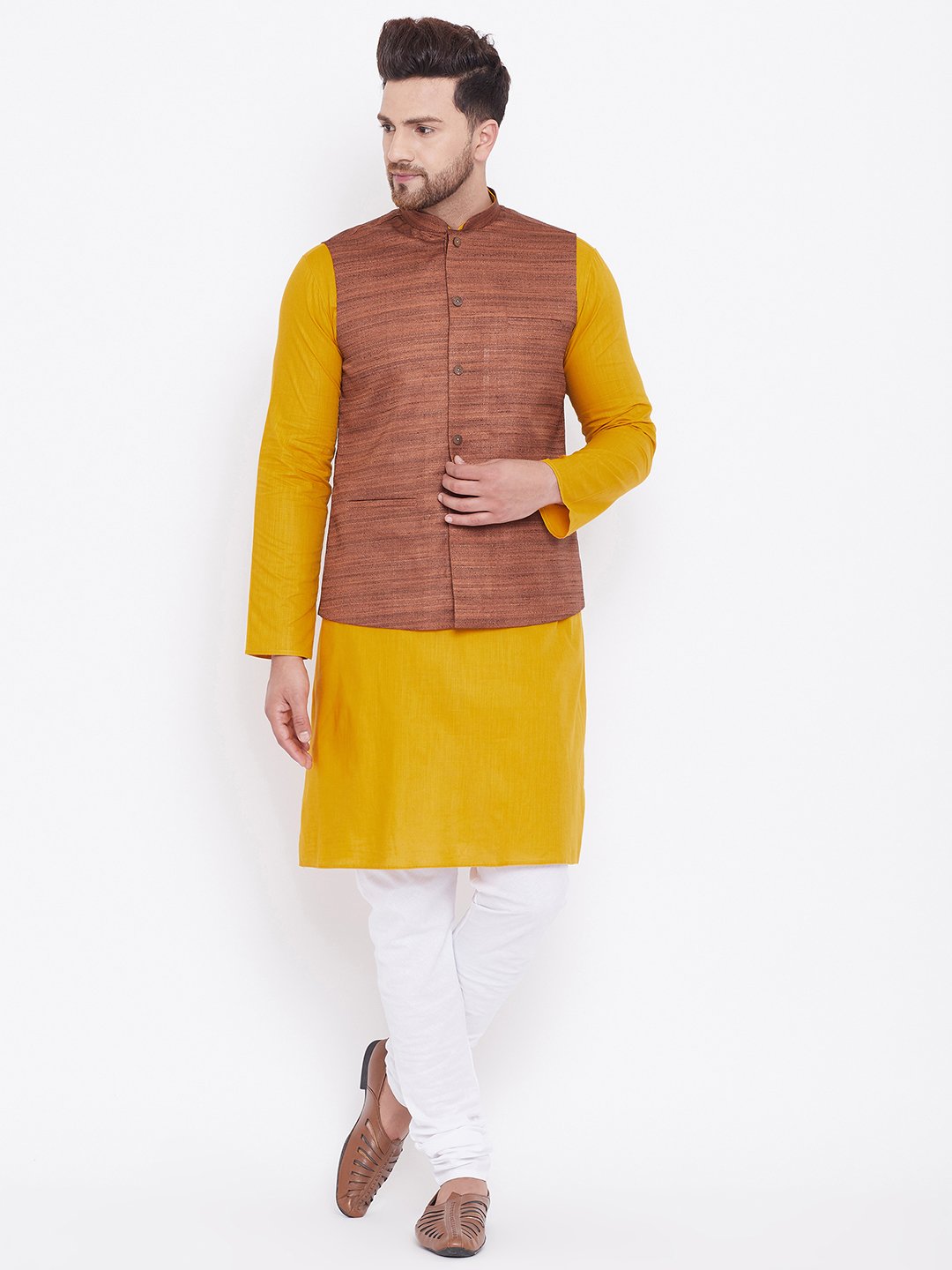 Men's Coffee Brown, Mustard And White Cotton Blend Jacket, Kurta and Pyjama Set