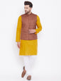 Men's Coffee Brown, Mustard And White Cotton Blend Jacket, Kurta and Pyjama Set