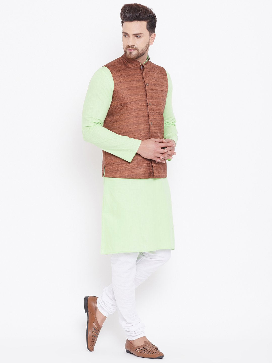 Men's Coffee, Mint Green And White Cotton Blend Jacket, Kurta and Pyjama Set