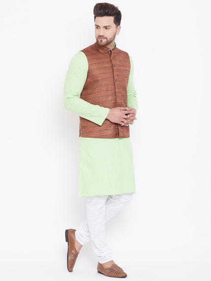 Men's Coffee, Mint Green And White Cotton Blend Jacket, Kurta and Pyjama Set