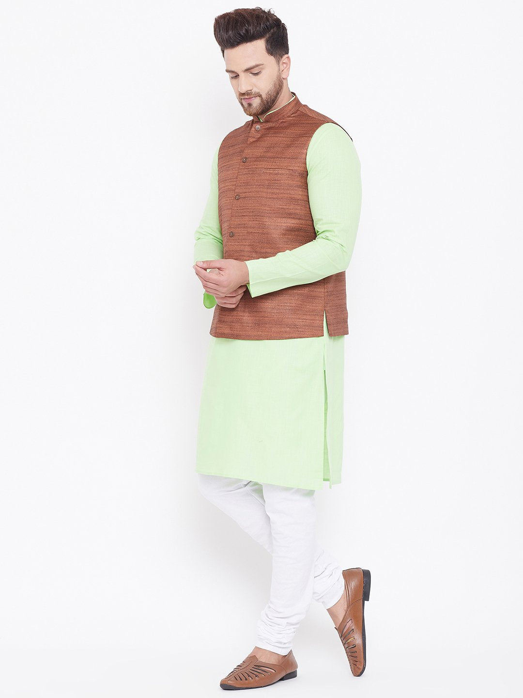 Men's Coffee, Mint Green And White Cotton Blend Jacket, Kurta and Pyjama Set