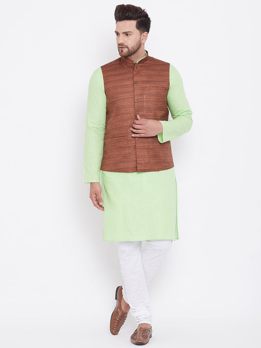 Men's Coffee, Mint Green And White Cotton Blend Jacket, Kurta and Pyjama Set