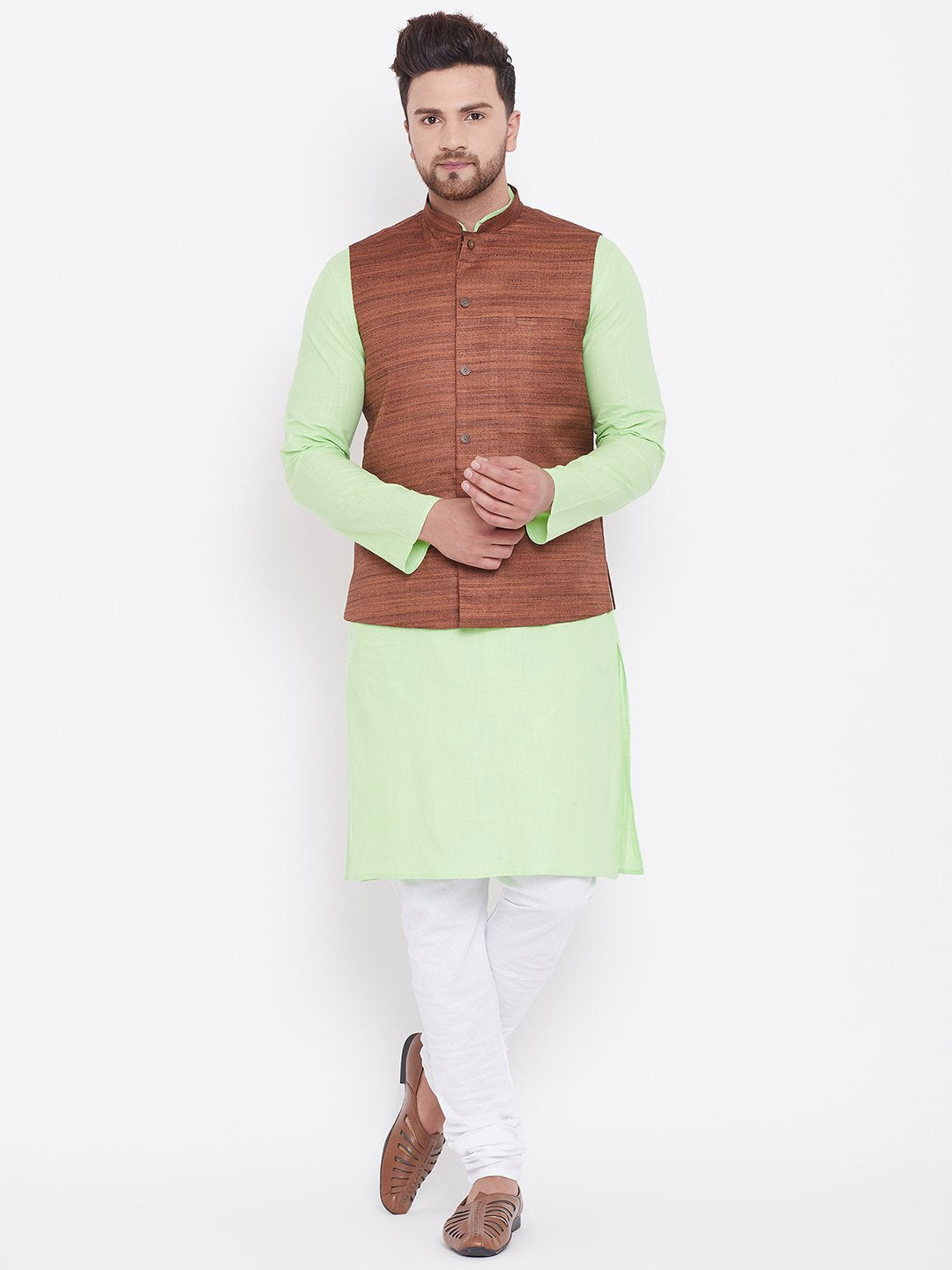 Men's Coffee, Mint Green And White Cotton Blend Jacket, Kurta and Pyjama Set