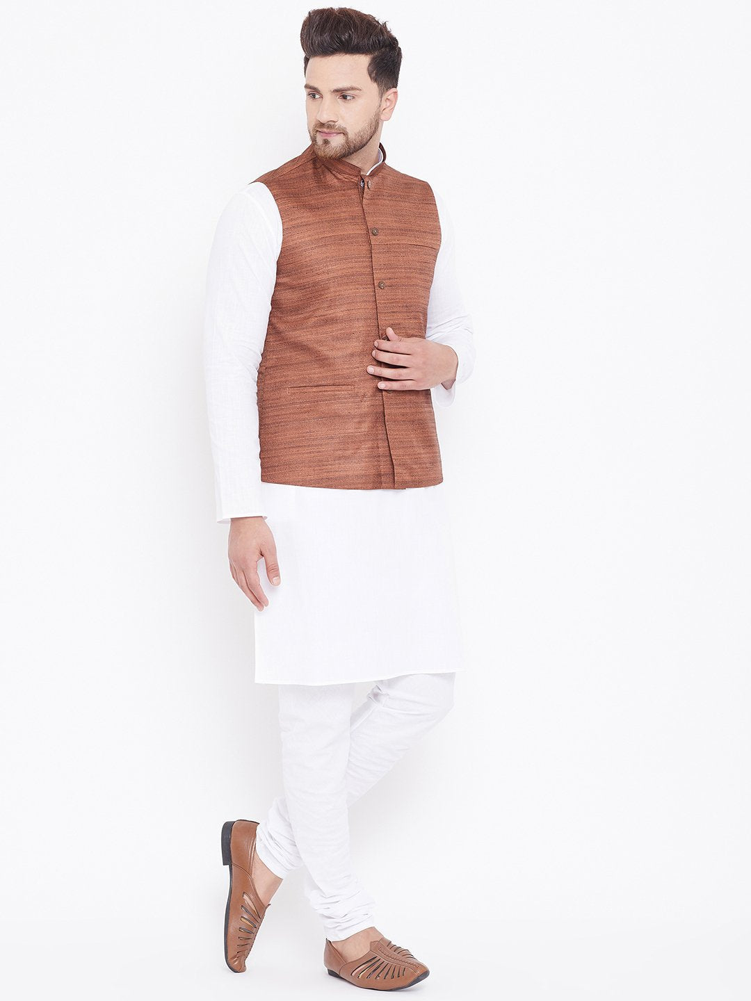 Men's Coffee Brown And White Cotton Blend Jacket, Kurta and Pyjama Set