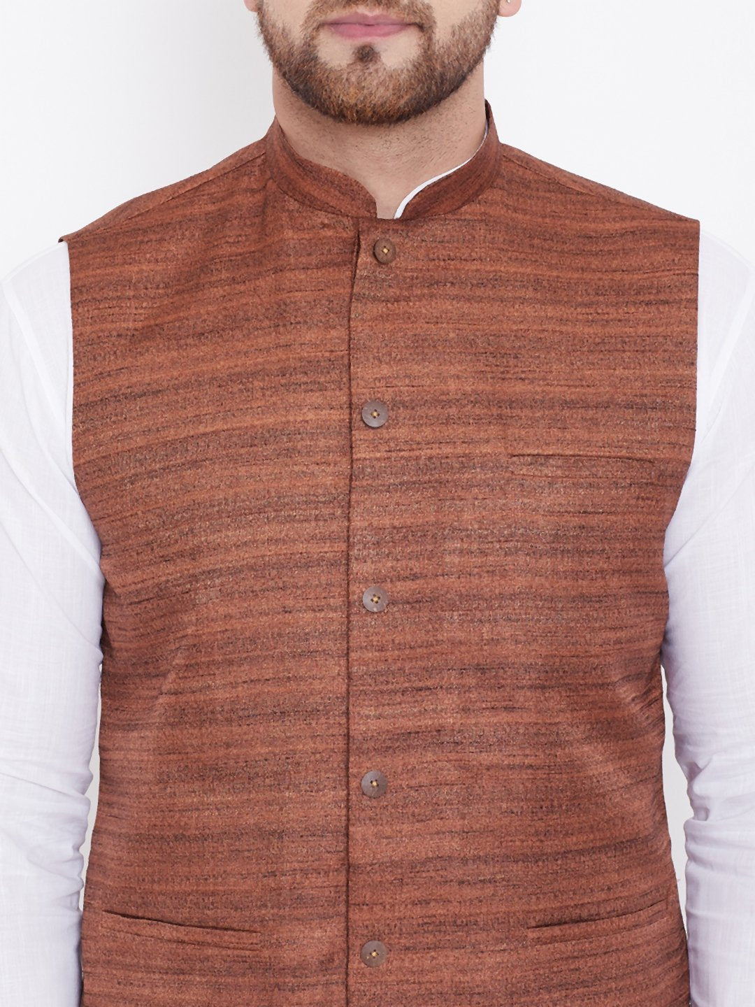 Men's Coffee Brown And White Cotton Blend Jacket, Kurta and Pyjama Set