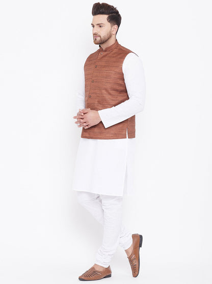 Men's Coffee Brown And White Cotton Blend Jacket, Kurta and Pyjama Set